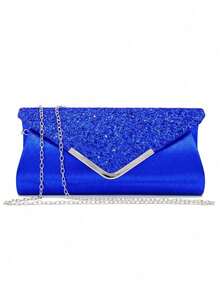 Women's Party Elegant Luxury Sequin Decor Evening Clutch Bag, Rhinestone Chain Shoulder Bag, Earrings, Necklace, Bracelet Gift Set - Blue - View 2