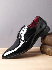 Men's Printed Pointed Toe Low-Top Lace-Up Low Heel Formal Dress Shoes, British Style For Mid-Aged, Party, Spring & Autumn, Hairdresser, PU Leather