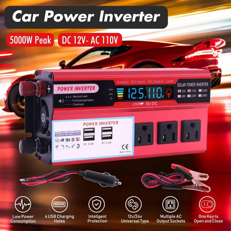 Car Vehicle Power Inverter 2000W 5000WMax DC 12V To AC 110V 120V Converter 4 USB, Car Power Inverter DC 12V To AC 110V Converter LCD - 黑色 - 查看 1