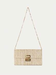 Bolso de playa de paja con solapa de cierre de giro, bolso de mano tejido con cadena para mujer