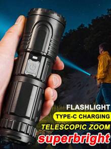 1PC Strong LED Flashlight, 3 Modes Of Adjustable Focal Length Light Source, TYPE-C Rechargeable, Suitable For Outdoor Work Lighting, Fishing, Cycling, Camping, Hunting, And Emergency Lighting