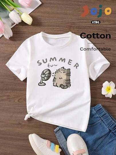 Novo estilo de primavera, suéter casual fofo de algodão macio para meninas adolescentes, gola redonda, design unissex com gato adorável, leque, estampa criativa de letras