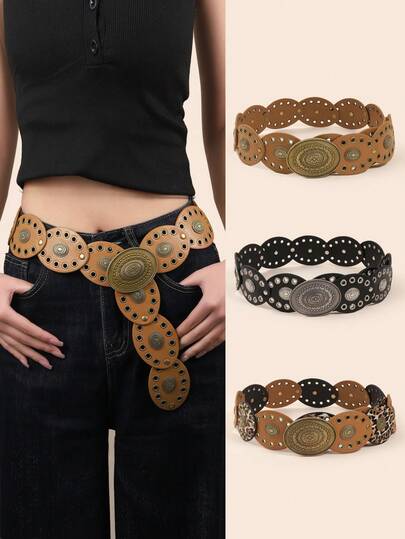 1 pieza Accesorio de estilo callejero retro para mujer: Cinturón de metal con ojales ovalados muy adornado en estilo bohemio occidental, cinturón de hebilla vintage sexy con remaches que ciñe la cintura, accesorio de moda para vestidos para uso diario en verano, escuela, otoño, Halloween