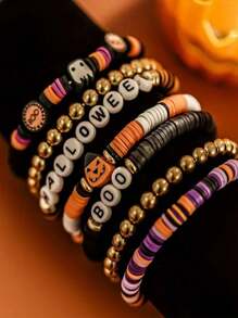 7pcs/Set New Halloween Themed Party Spooky Retro Pumpkin Polymer Clay Beaded Bracelet Set