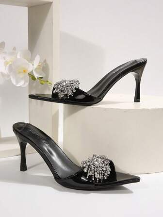 8cm Kitten Heel Slim Heel Killer - Black Breathable Mesh Diamond Studded Sandals For Women, Slim And Sexy High Heels Perfect For Summer Night Light Parties With A Skirt