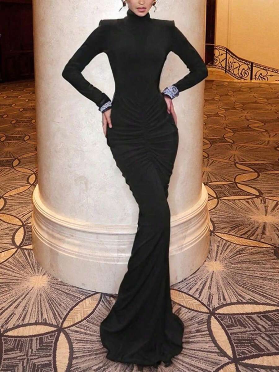 Chic Black Knitted Maxi Dress For Women Elegant Stand Collar Long Sleeve Ruched Bodycon Style With Mermaid Hem - Black - View 1