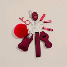 Juego de 9 piezas de llavero de autodefensa para mujeres, incluye alarma, rompedor de ventanas, abridor de botellas, silbato, dispensador de jabón, estuche para lápiz labial, pulsera, pastillero, llavero para exteriores, regalo festivo, accesorios para automóvil, dije para bolso, estilo gótico y Y2K