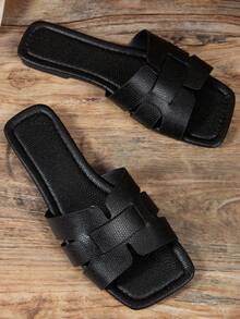 纯色皮革女士露跟拖鞋、平底凉鞋、沙滩鞋、情侣鞋、休闲鞋