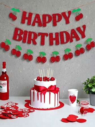 23pcs Cherry Theme Birthday Party Decorations, Happy Birthday Banner Cherry Party Supplies