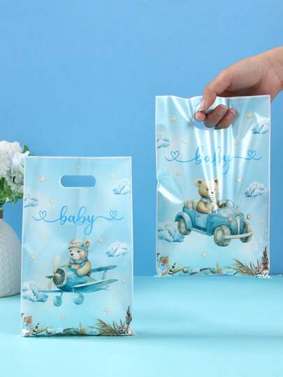 10/24/50 pièces Sacs-cadeaux avec poignées de style ours bleu. Sacs-cadeaux en plastique pour révélation du sexe, sacs-cadeaux de remerciement, petits sacs de shopping, décorations et fournitures pour fête de naissance de bébé garçon thème ours bleu, fournitures pour fête de révélation du sexe et douche de bébé, décoration de fête ours bleu, emballages-cadeaux. Sacs d'emballage cadeaux avec motif ours mignon, faveurs de fête.