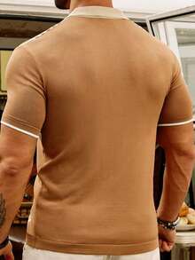 Casual Loose Striped Knit Short Sleeve Hollow Knit Shirt, Brand Niche Cuban Style Cardigan, Suitable As Gift For Husband/Boyfriend - Apricot - View 5