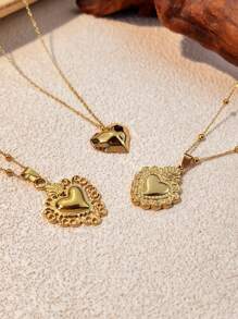 1 pieza Collar con colgante en forma de corazón chapado en oro de 18K, joyería en forma de corazón de acero inoxidable para mujeres, para uso diario y citas, decoración del Día de San Valentín