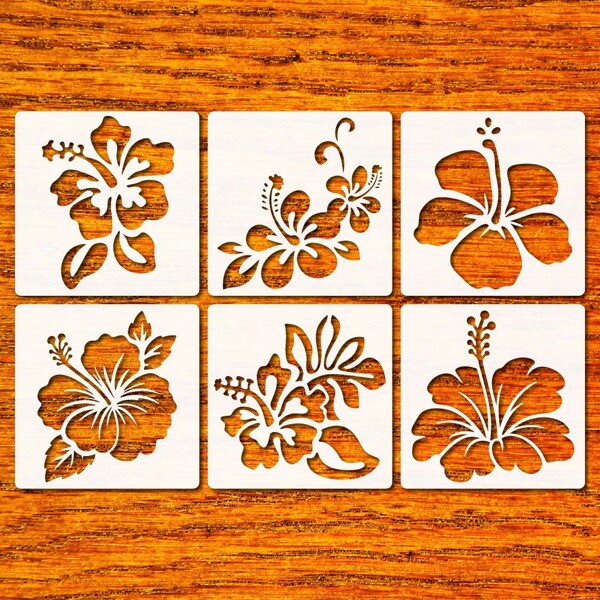 6pcs Hibiscus Flower Stencil For Painting On Wood Signs, 5.9 Inch Flowers Pattern Stencils Reusable, Plastic Decorative Floral Template For Wall, Journal, Scrapbook, Canvas Home Decor DIY Art Projects