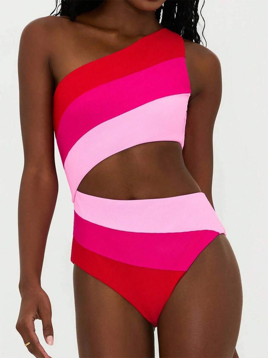Women One Piece Swimsuits Monokini Bathing Suit Contrast Color One Shoulder Hollow-Out Sleeveless Summer Swimwear Bikini - Hot Pink - View 1