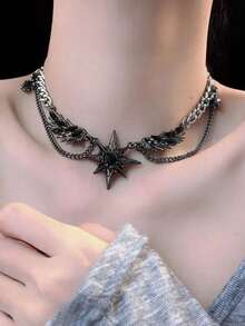 1pc Y2K Black Feather Wing & Star Pendant Necklace, Punk Hip-Hop Gothic Grunge Cool Girl Choker Multi-Layer Stacked Stainless Steel Chain, Goth Alternative Unique Collarbone Chain Edgy Dark Jewelry For Music Dance Festivals Or Vampire-Themed Evening Glam