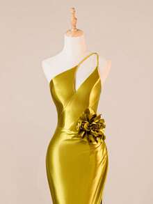 Asymmetric Neckline Asymmetrical Neck High Slit Long Dress, 3D Floral Design Satin One Shoulder Bridesmaid Gown Wedding Guest Dress - Olive Green - View 2