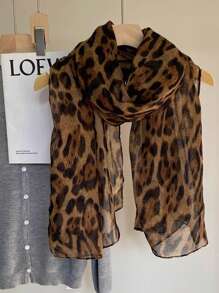 1 pièce Foulard mode femme, foulard de soie oblong imprimé léopard style vintage américain rétro, tissu fin en satin haut de gamme, motif imprimé zébré léopard, châle essentiel pour les voyages extérieurs