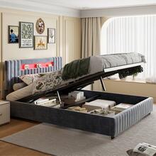 Cama tapizada 140x200cm, cama doble hidráulica con cabecero, estructura de cama con espacio de almacenamiento abatible, muebles de dormitorio cama, cama juvenil sin colchón, terciopelo gris - Gris-140x200cm - Ver 4