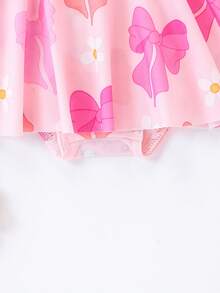 女童夏季沙滩泳衣，可爱蝴蝶结设计短袖荷叶边连体泳衣 - 粉色 - 查看 6