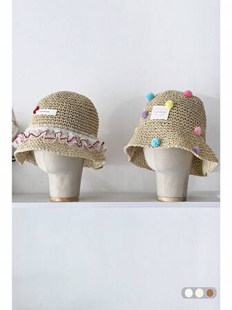 1st färgglad Pom Pom halmhatt med halmhatt, kvinnors sommar strandhelg solskydd bred brätte Söt leende blomma vävd stråhatt, stor brättad solskyddshatt för kvinnor sommar