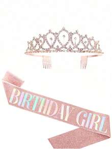 2pcs/Set Girls Birthday Party Tiara Headband & Rhinestone Crown Strap Shoulder Strap Set, Rose Gold - Multicolor - View 10