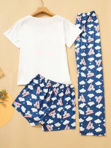 3pcs Set Cartoon Animal Print Cute Pajamas For Women - White - View 2
