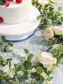 1pc Artificial Eucalyptus Garland With Flowers, White Roses Baby Breath Garland Floral Greenery Garland For Wedding Party Centerpiece Table Runner Backdrop Wall Decor Decoration Gifts Birthday Graduation