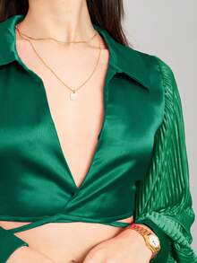 Conjunto elegante para mujer de 2 piezas  top con tela de satén y pantalones holgados - Verde - Ver 6