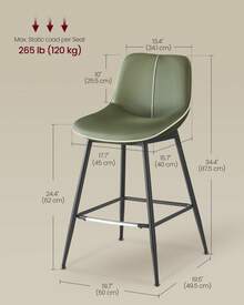 VASAGLE Bar Stools Set Of 2, Counter Height Bar Stools With Back, Ergonomic Backrest, Synthetic Leather, Metal Legs, 24.4-Inch Tall Stools For Kitchen Island Home Bar - màu xanh lá - Xem 7