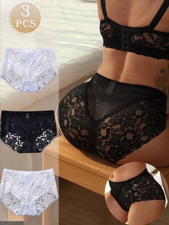 3 件装 女士性感蕾丝拼布透明三角内裤