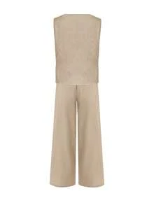 Women's Solid Color Round Neck Sleeveless Top And Casual Wide Leg Pants Set, Spring/Summer - Khaki - View 4
