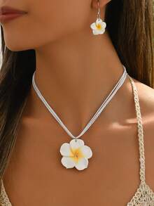 1 套夏威夷风格软陶芙蓉花项链和耳环首饰套装，适合女士夏季海滩度假装 - 白色 - 查看 1