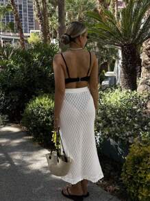 Falda recta de punto de unicolor, elegante y sexy con calados, estilo vacacional, de cintura alta elástica, de ganchillo con calados, vestido de playa elástico, para primavera, verano y otoño