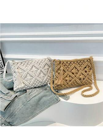 1pc Plain Bohemian Woven Shoulder/Crossbody Bag, Fashionable Square Straw Bag For Beach Vacation And Shopping