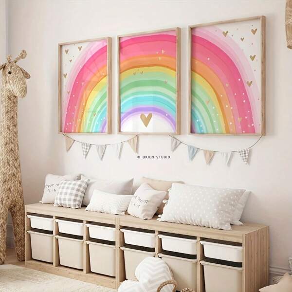 3 pôsteres em tela com decalque de arco-íris e coração rosa, decoração de desenho animado, decoração de quarto de menina, decoração rosa, decoração de quarto de menina, sem moldura