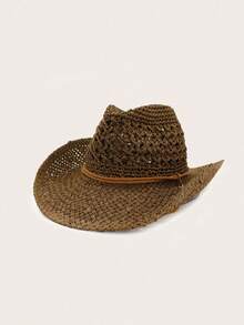 1 件手工时尚巴拿马牛仔草帽，波西米亚海滩太阳帽，防紫外线太阳帽，海边休闲防风帽 - 卡其色 - 查看 10