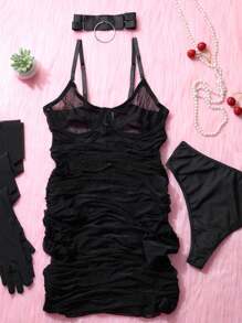 Conjunto de 2 piezas de sostén transparente francés bordado y liguero moldeador para mujer