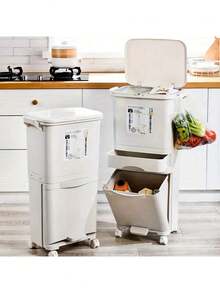 Large Capacity Multi-Layer Trash Can With Lid - Odor-Proof, Dry And Wet Separation, Wheeled Design For Easy Movement - Stainless Steel - Perfect For Kitchen And Home Storage - Housemoving Gift - Multicolor - View 2