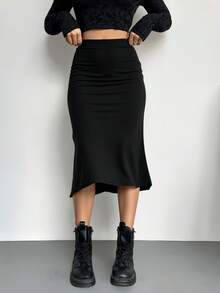 falda larga de punta lisa unicolor para dama - Negro - Ver 1