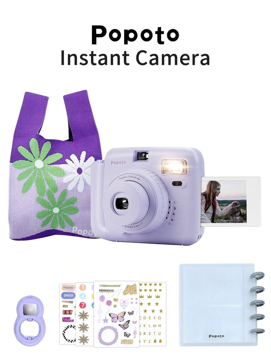 新产品套装组合 Popoto 即时相机照相机适用于 Mini11/12 胶卷、装饰贴纸、布袋、相册和自拍镜头配件生日/户外/派对/婚礼情人节礼物送给女朋友，三种相机颜色可供选择（不包括电池和胶卷）