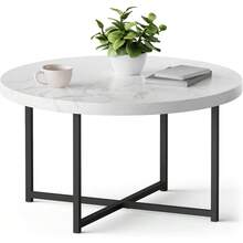 Marble Look Coffee Table For Living Room - Round Living Room Table White & Grey Marble Design - Modern Style With Black Metal Legs - Centre Table For Living Room With 80cm Diameter - Mosley - White - View 1