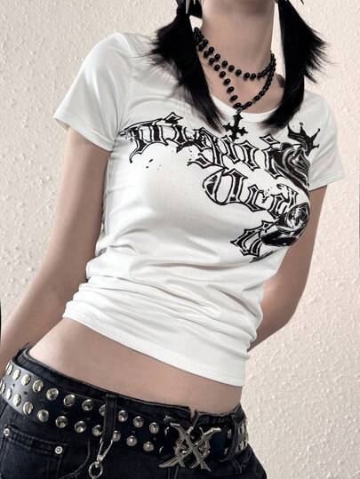 Skull Print Punk Retro Women's Tee, 90s Gothic Sexy American Aesthetic Short Sleeve Tops, Y2K