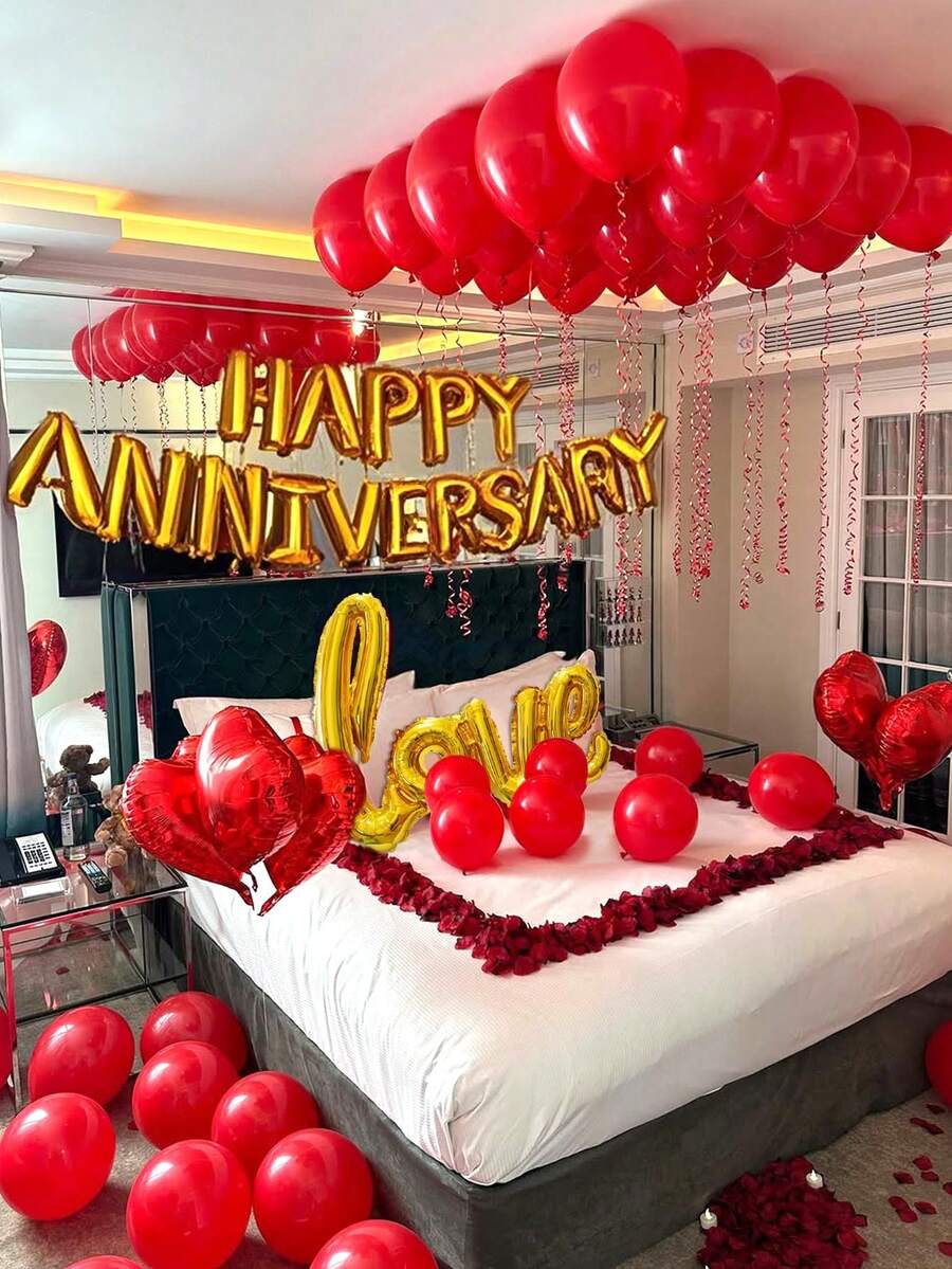 42 个 16 英寸金色“HAPPY ANNIVERSARY”字母气球套装，红色心形气球，金色链接 LOVE 铝箔气球，适用于婚礼、周年纪念派对装饰