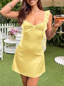 V-Neck Bowknot Design Satin Sexy Backless Fitted Flare Dress, Butter Yellow - Yellow - View 4