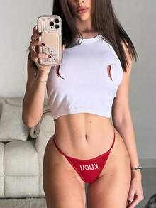 2pcs/Set Round Neck Print Fitted Crop Top & Low Waist Sexy Triangular Briefs - White - View 2