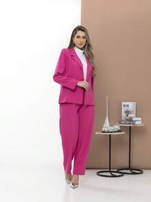 Women's Blazer And Tailored Pants Set - Hot Pink - View 3