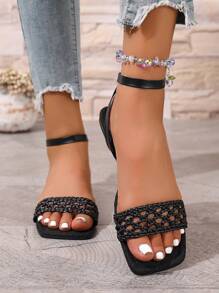 Women's Flat Sandals, Ankle Strap Slip-On Black Mules, Linen Elegant Casual Shoes, Summer Flat Sandals, Strappy Mules,Weave Slides,Suitable For Vacation And Beach Fun