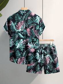 Men Tropical Plant Printed Short Sleeve Shirt And Drawstring Waist Shorts Set - Multicolor - View 2