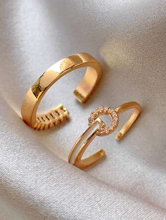 2 件简约时尚锆石设计叠戴戒指套装，精致独特的开口戒指手指配饰，适合女士