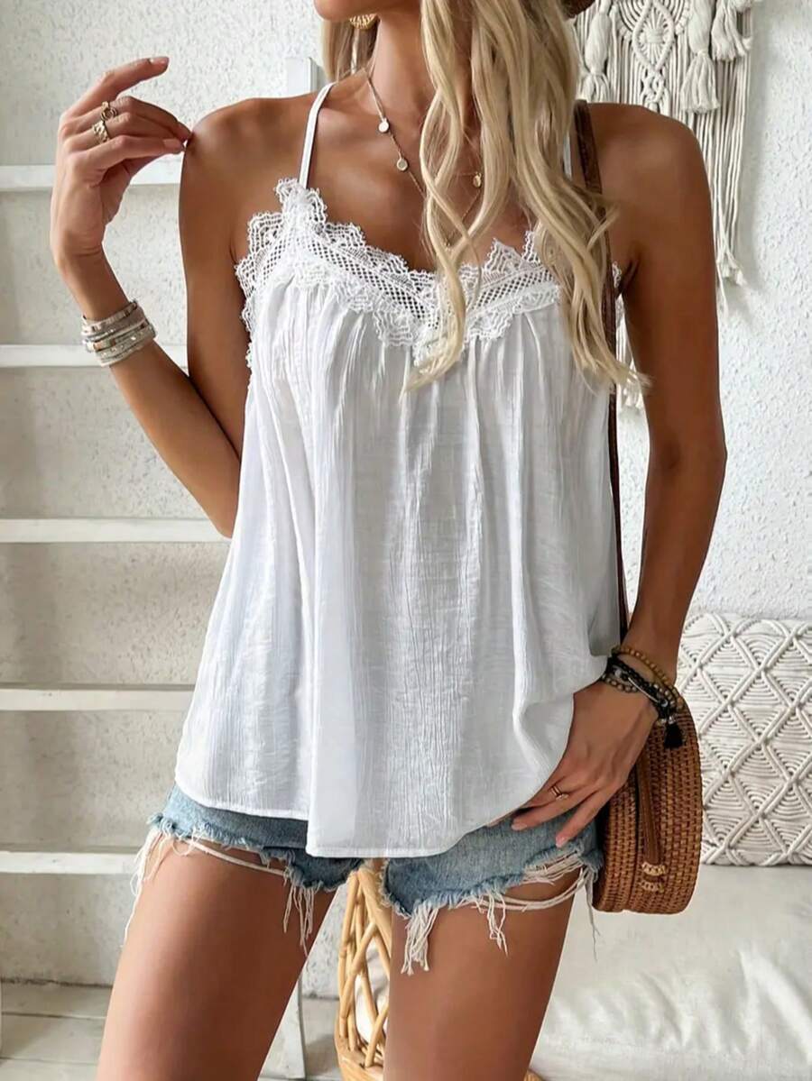 Women Vacation Casual Solid Color Lace Trim Camisole